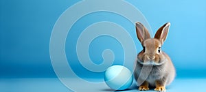 Easter bunny rabbit with blue painted egg on blue background. Celebrate Easter holiday and spring coming. AI Generated