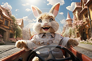 Easter bunny or rabbit with driving a car through town, holiday in spring