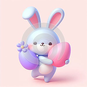 Easter bunny rabbit holding easter egg on white background, pastel cartoon illustration