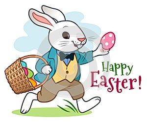 Easter bunny rabbit in jacket, vest and pants, happily running along, carrying basket full of colorful Easter eggs. Spring, Easter