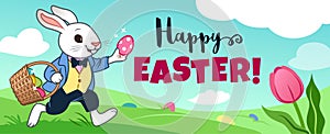 Easter bunny rabbit running in field, carrying basket full of candy eggs, eggs hidden in grass, blue sky with clouds in background