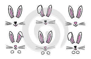 Easter bunny rabbit set vector illustration drawn by hand. Bunny face, ears and tiny muzzle with whiskers isolated on