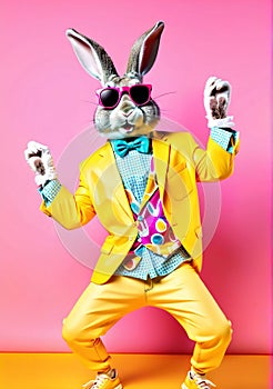 Easter bunny rabbit wearing sunglasses and colorful fashion outfit dancing photo