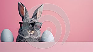 Easter bunny rabbit wearing sunglasses peeping behind Easter eggs on pink background, with copy space. generative ai