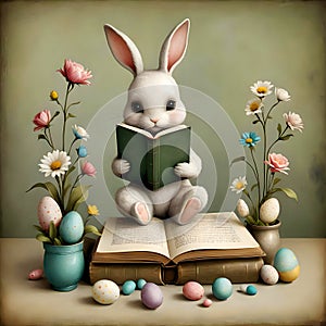 Easter bunny reading a book with Easter eggs and spring flowers