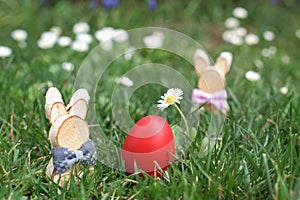 Easter Bunny and red hen Easter egg in a grass