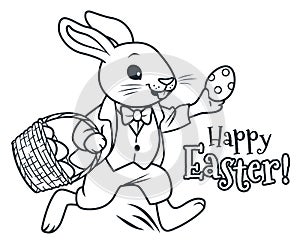 Easter bunny running with basket full of chocolate eggs coloring page vector cartoon illustration. Spring, Easter, egg hunt,