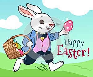 Easter bunny running in a field with basket full of colorful chocolate eggs vector cartoon illustration. Easter, spring, egg hunt
