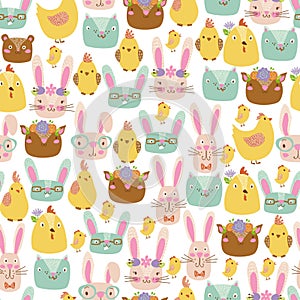 easter bunny seamless pattern spring chicken repeating background april repeat backdrop hare surface design