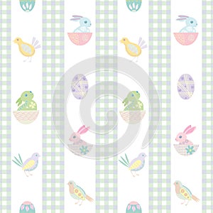 Easter bunny seamless vector pattern background. Decorated folk art rabbits, chicks, eggs illustration. Scandinavian