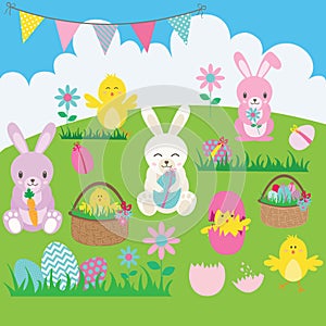 Easter Bunny set. Basket, Flower, Rabbit, Bunting, Easter Egg, Easter Chicks.