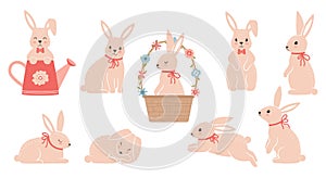 Easter Bunny set. Cute rabbits in different poses. Symbol of Great Easter. Cute design elements. Pink ears, muzzle and