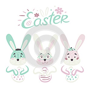 Easter bunny. Set of funny rabbit. Cute animals. Happy Easter