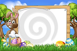 Easter Bunny Sign Eggs Basket Background Cartoon
