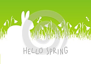 Easter bunny silhouette with grass and flowers - horizontal border for spring design