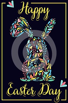 Easter bunny silhouette with patterns, flowers, swirls inside - happy easter day, cute vector illustration in flat style for card