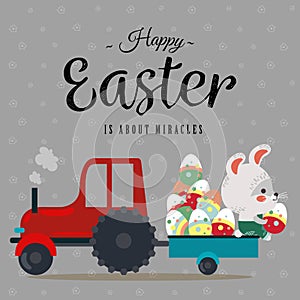 Easter bunny sit on tractor with a cart full of decorated eggs, cute white rabbit on hunting on the car, happy holiday