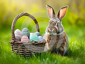 The Easter bunny sits next to a vibrant assortment of eggs and a bouquet of tulips