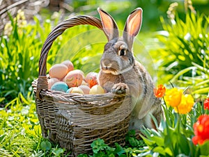 The Easter bunny sits next to a vibrant assortment of eggs and a bouquet of tulips