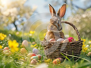 The Easter bunny sits next to a vibrant assortment of eggs and a bouquet of tulips
