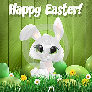 Easter bunny sitting among ester eggs