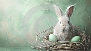 Easter bunny sitting in a nest of pale green Easter eggs pastel colors