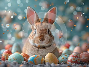 Easter bunny sitting surrounded easter eggs, easter card. space for text