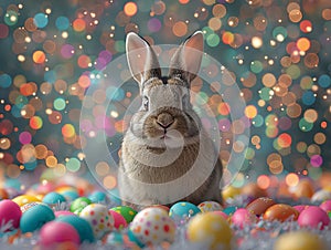 Easter bunny sitting surrounded easter eggs, easter card. space for text