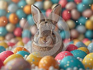 Easter bunny sitting surrounded easter eggs, easter card. space for text