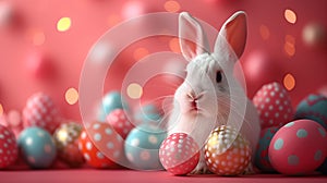 Easter bunny sitting surrounded painted Easter eggs indoor . space for text