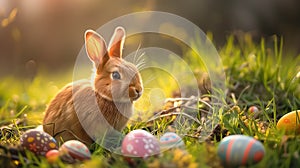 Easter bunny sitting surrounded painted Easter eggs and spring flowers in meadow. space for text
