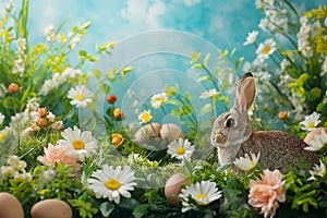 Easter bunny sitting surrounded painted Easter eggs and spring flowers in meadow. space for text