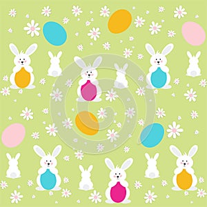 Easter bunny with spring flowers seamless pattern