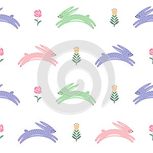 Easter bunny with spring flowers seamless pattern.