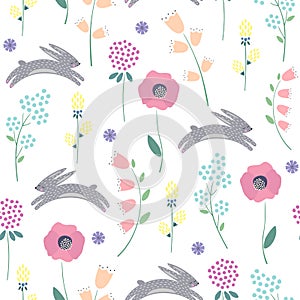 Easter bunny with spring flowers seamless pattern on white background.