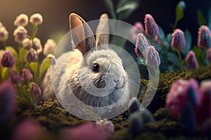 Easter bunny in spring grass with flowers with morning sun background. Easter greeting card. Generative Ai