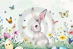 Easter Bunny in Spring Watercolor. Watercolor of a bunny among flowers and Easter eggs