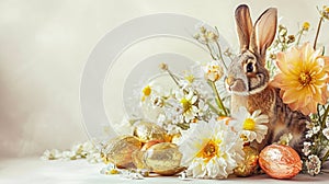 Easter Bunny in Spring Watercolor. Watercolor of a bunny among flowers and Easter eggs