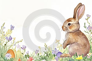 Easter Bunny in Spring Watercolor. Watercolor of a bunny among flowers and Easter eggs