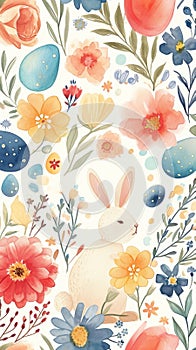 Easter Bunny in Spring Watercolor. Watercolor of a bunny among flowers and Easter eggs