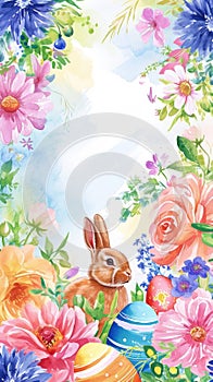 Easter Bunny in Spring Watercolor. Watercolor of a bunny among flowers and Easter eggs