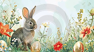 Easter Bunny in Spring Watercolor. Watercolor of a bunny among flowers and Easter eggs