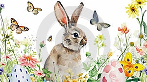 Easter Bunny in Spring Watercolor. Watercolor of a bunny among flowers and Easter eggs