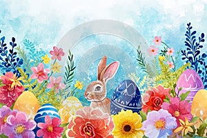 Easter Bunny in Spring Watercolor. Watercolor of a bunny among flowers and Easter eggs