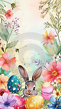 Easter Bunny in Spring Watercolor. Watercolor of a bunny among flowers and Easter eggs