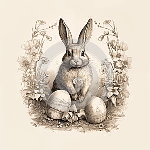 Easter bunny in the square greeting card. Painted eggs. Sepia, vintage engraving, space for words