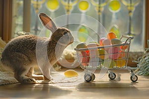 Easter bunny standing with shopping cart of Easter eggs indoor