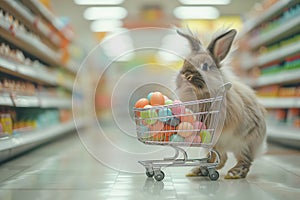 Easter bunny standing with shopping cart of Easter eggs in supermarket