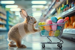 Easter bunny standing with shopping cart of Easter eggs in supermarket