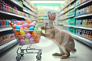 Easter bunny standing with shopping cart of Easter eggs in supermarket